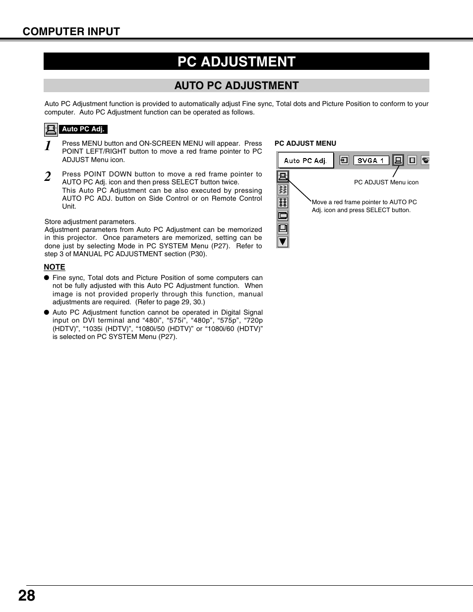 Pc adjustment, Auto pc adjustment | Eiki LC-XT9 User Manual | Page 28 / 64