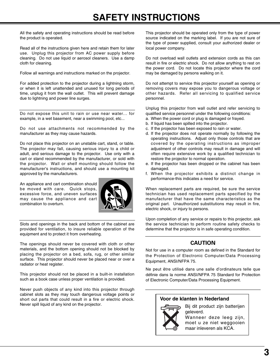 Safety instructions, 3safety instructions | Eiki LC-XT9 User Manual | Page 3 / 64
