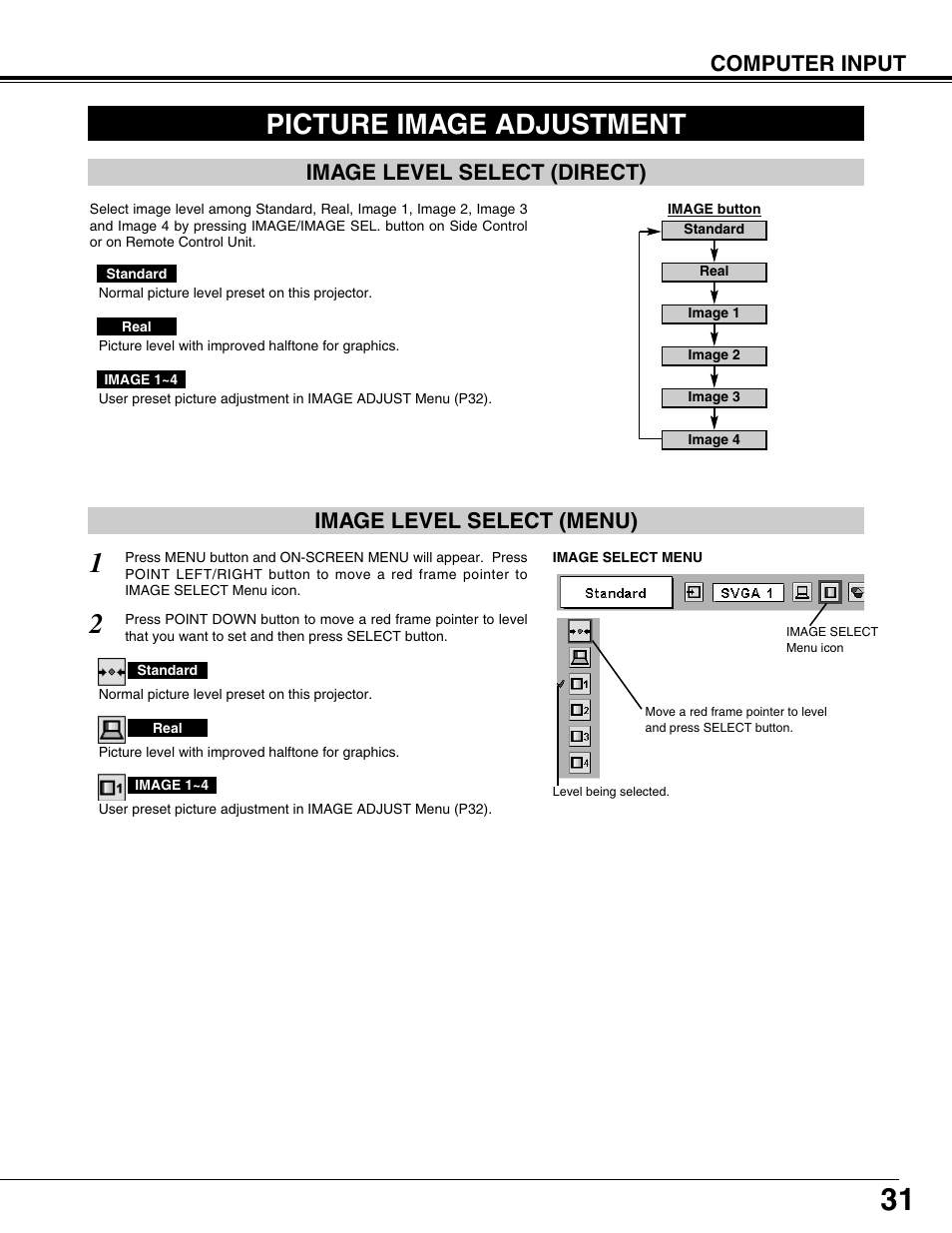 Picture image adjustment, Image level select, Computer input | Image level select (menu), Image level select (direct) | Eiki LC-XT9 User Manual | Page 31 / 64