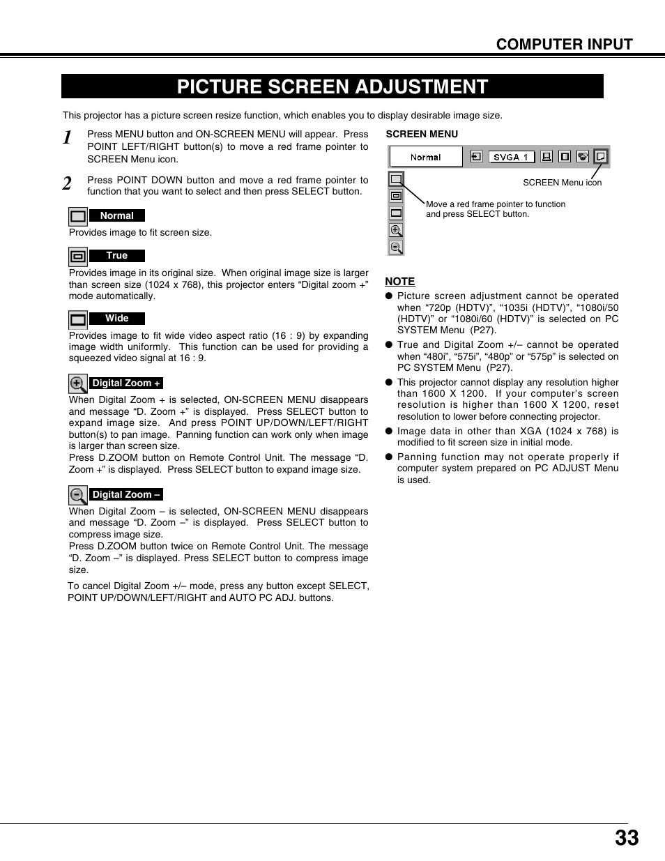 Picture screen adjustment, Computer input | Eiki LC-XT9 User Manual | Page 33 / 64
