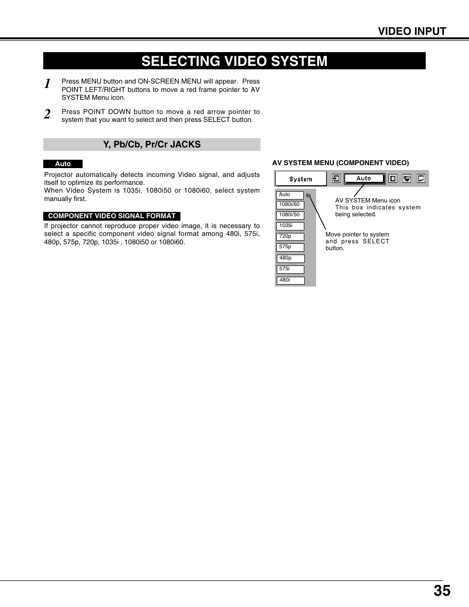 Selecting video system, Video input | Eiki LC-XT9 User Manual | Page 35 / 64