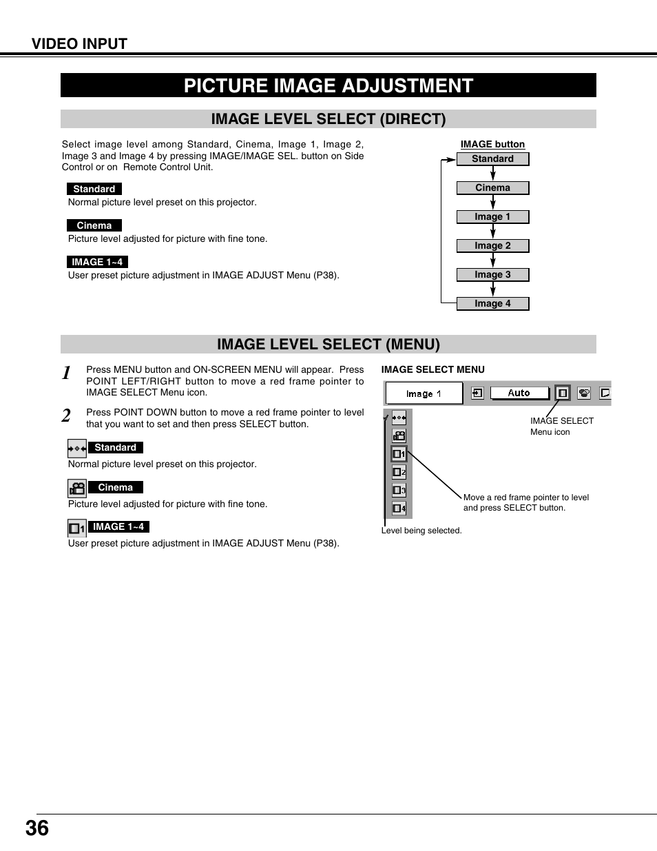 Picture image adjustment, Image level select, Video input | Image level select (menu), Image level select (direct) | Eiki LC-XT9 User Manual | Page 36 / 64
