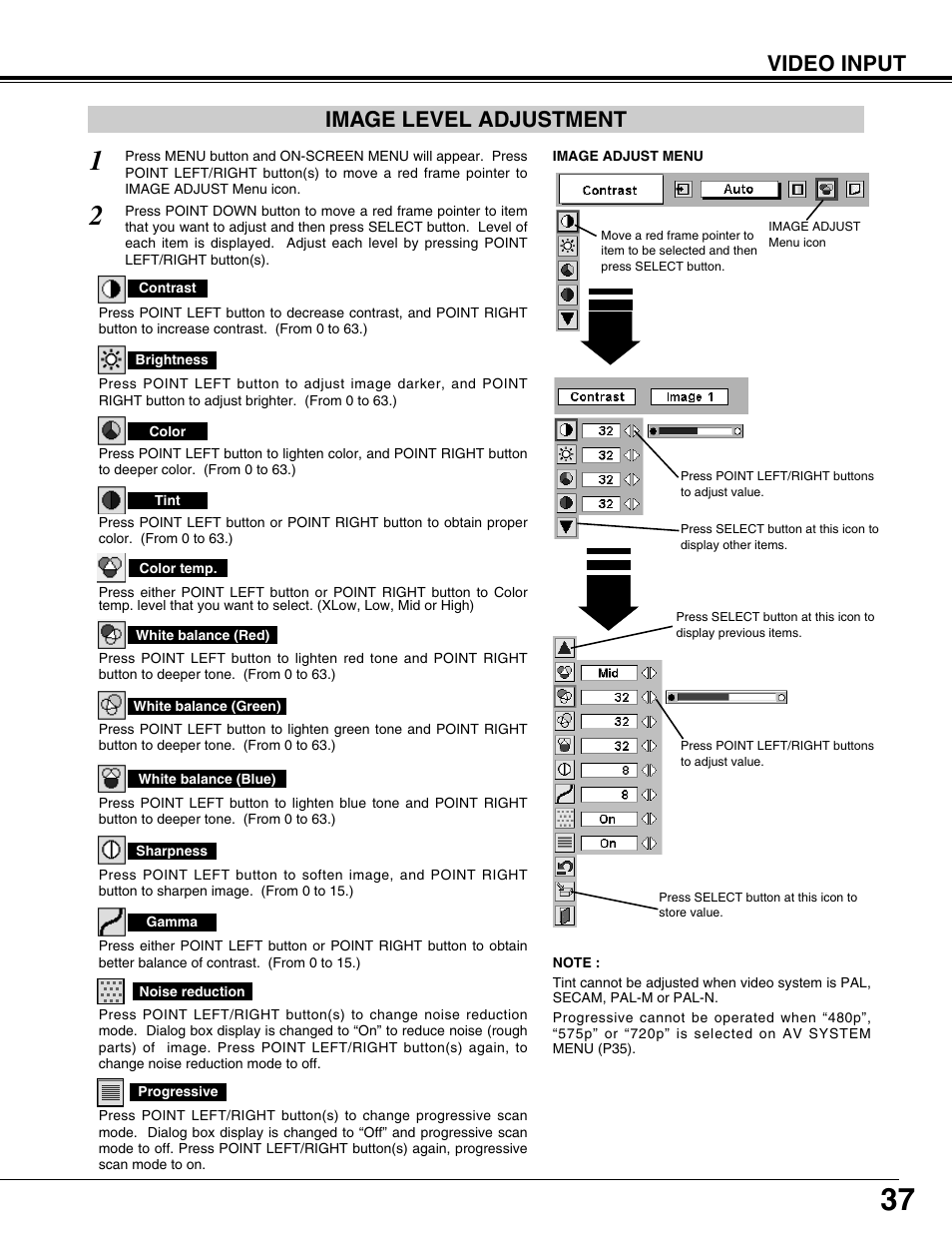 Image level adjustment, Video input | Eiki LC-XT9 User Manual | Page 37 / 64
