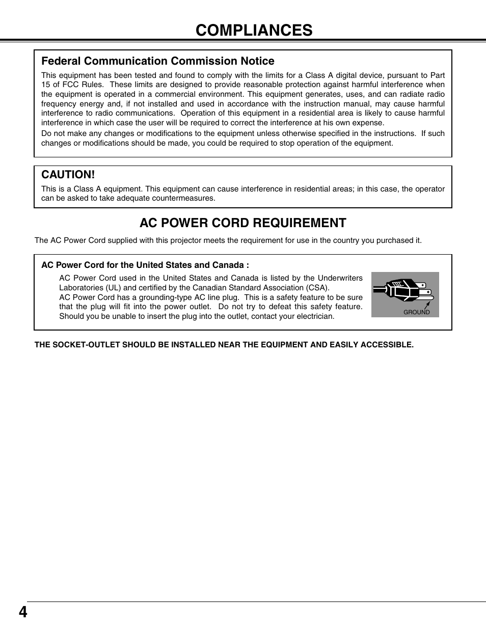 Compliances, 4compliances, Ac power cord requirement | Eiki LC-XT9 User Manual | Page 4 / 64