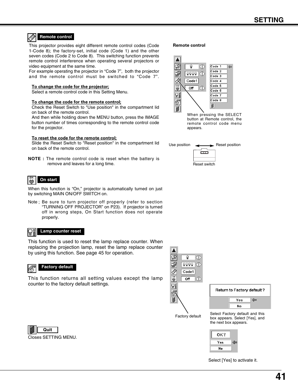 Setting | Eiki LC-XT9 User Manual | Page 41 / 64