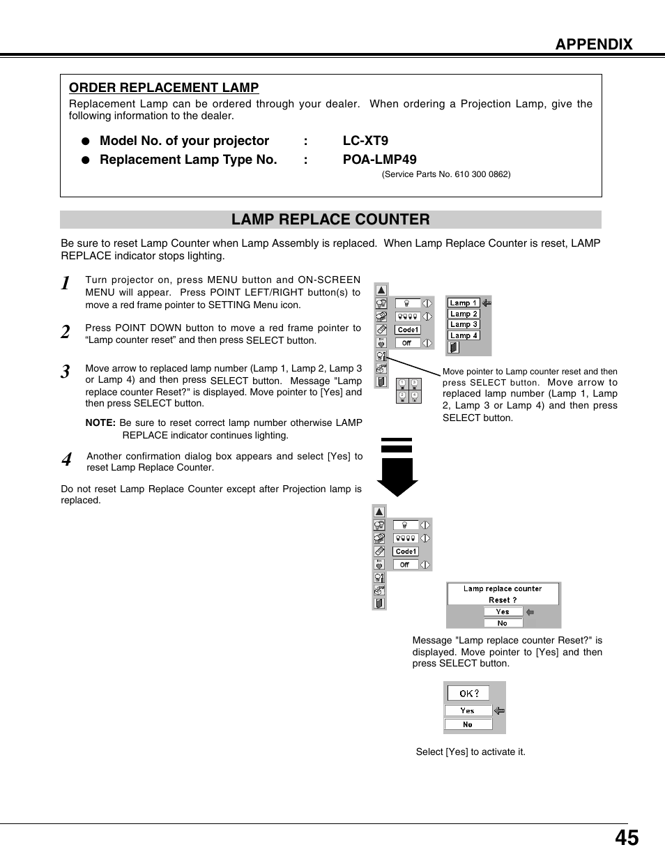 Lamp replace counter, Appendix | Eiki LC-XT9 User Manual | Page 45 / 64