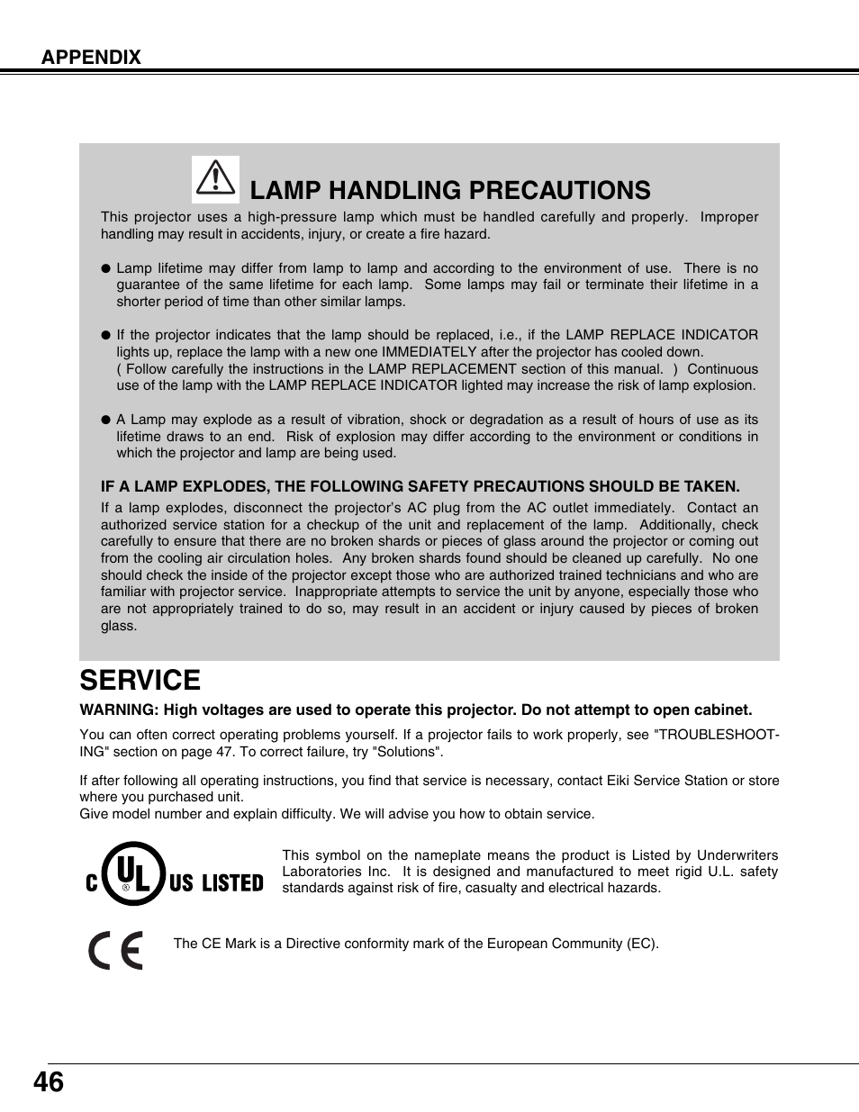 Service, Lamp handling precautions | Eiki LC-XT9 User Manual | Page 46 / 64