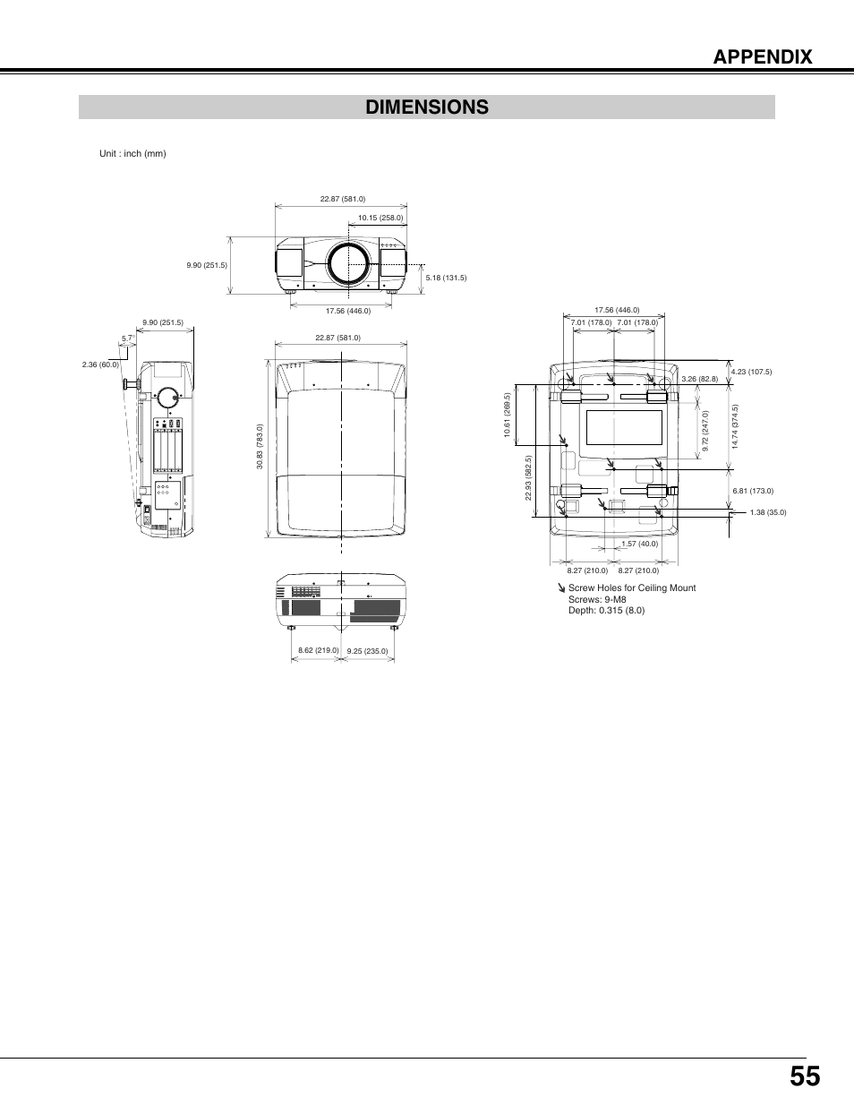 Dimensions, Appendix dimensions | Eiki LC-XT9 User Manual | Page 55 / 64
