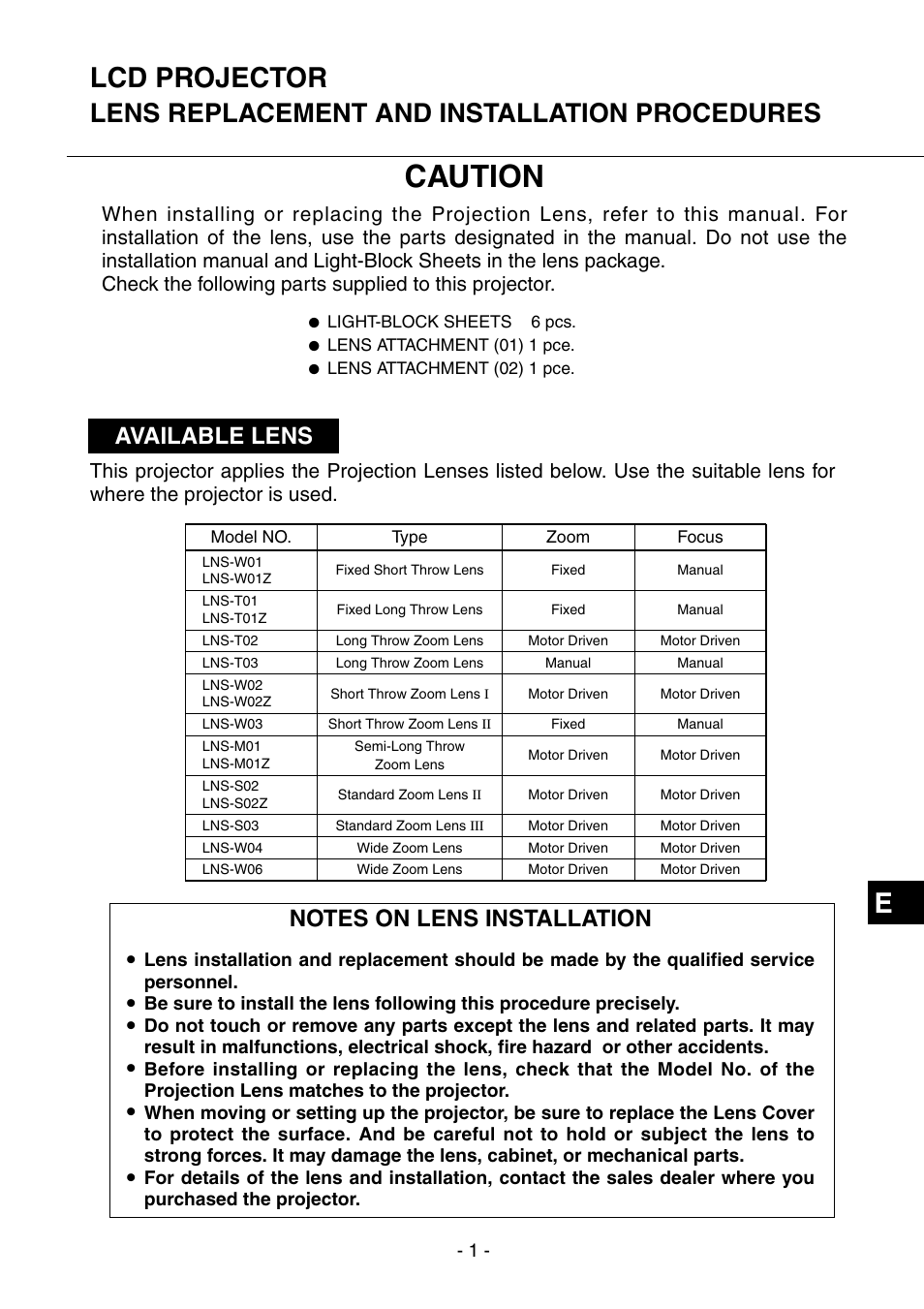 Lcd projector, Caution, Elcd projector | Lens replacement and installation procedures, Available lens | Eiki LC-XT9 User Manual | Page 57 / 64