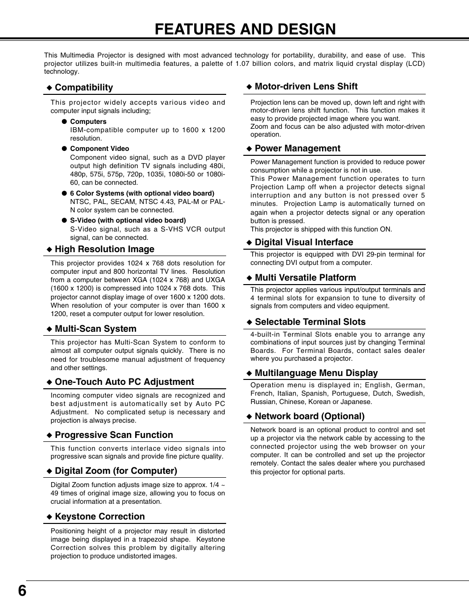 Features and design, 6features and design | Eiki LC-XT9 User Manual | Page 6 / 64