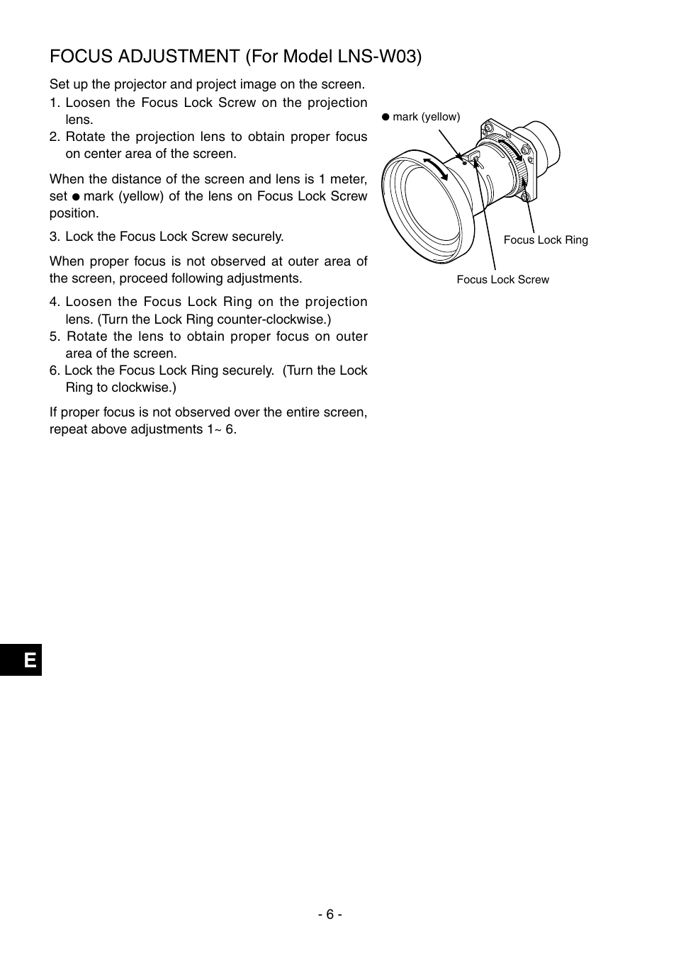 Focus adjustment (for model lns-w03) | Eiki LC-XT9 User Manual | Page 62 / 64