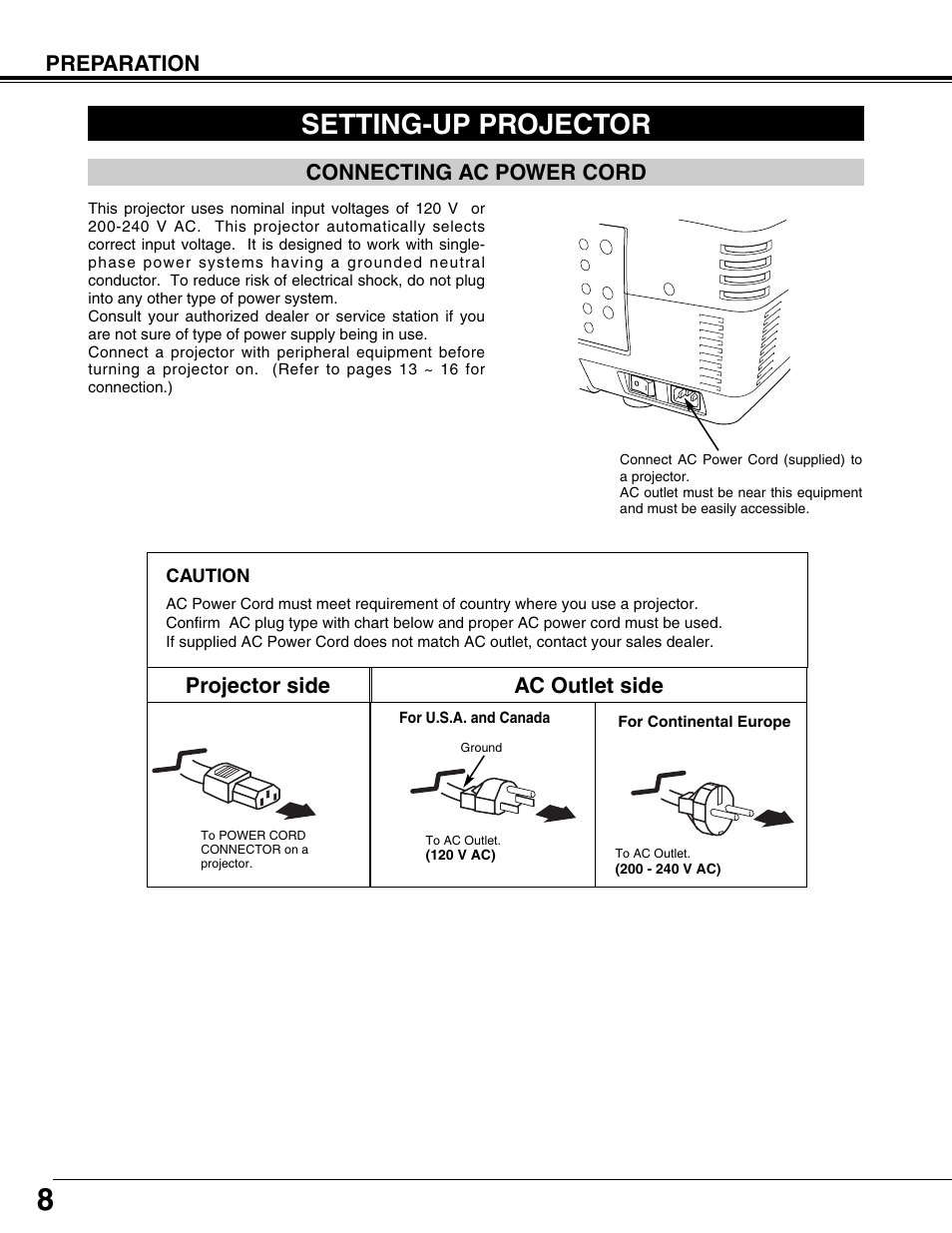 Setting-up projector, Connecting ac power cord, Preparation | Projector side ac outlet side | Eiki LC-XT9 User Manual | Page 8 / 64