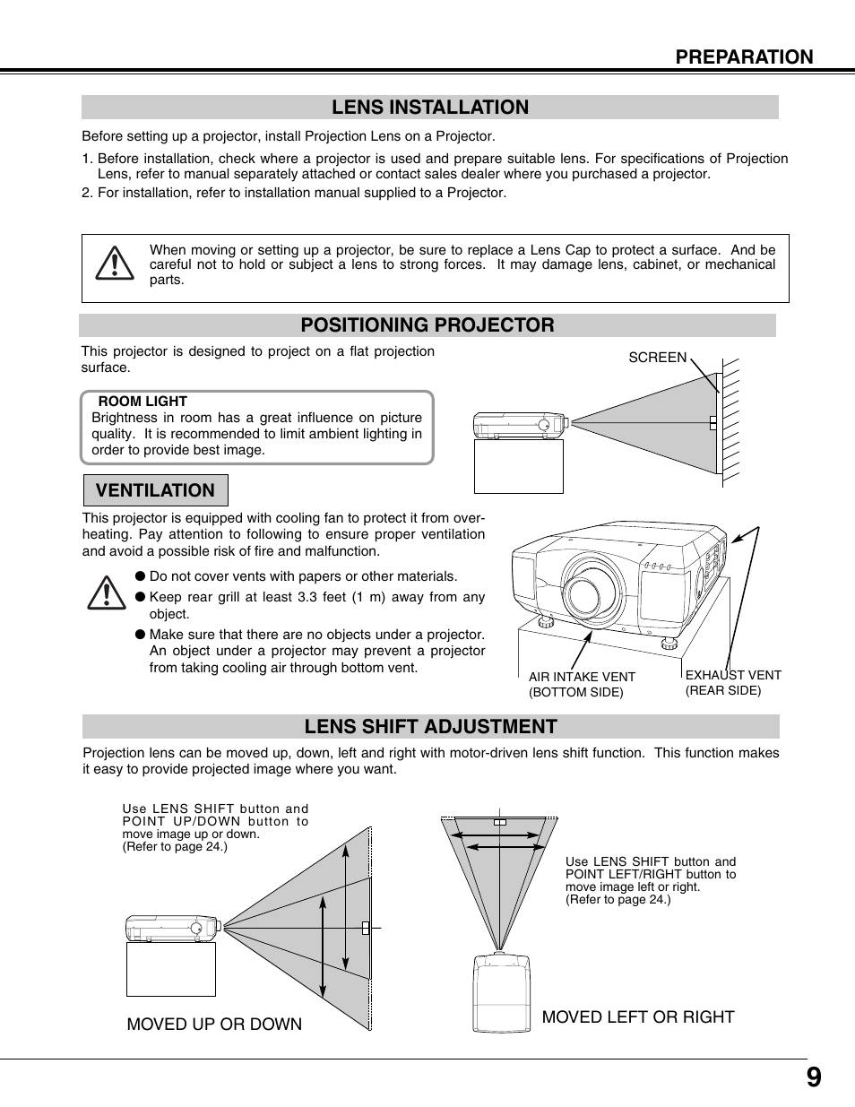 Lens installation, Positioning projector, Lens shift adjustment | Preparation positioning projector | Eiki LC-XT9 User Manual | Page 9 / 64