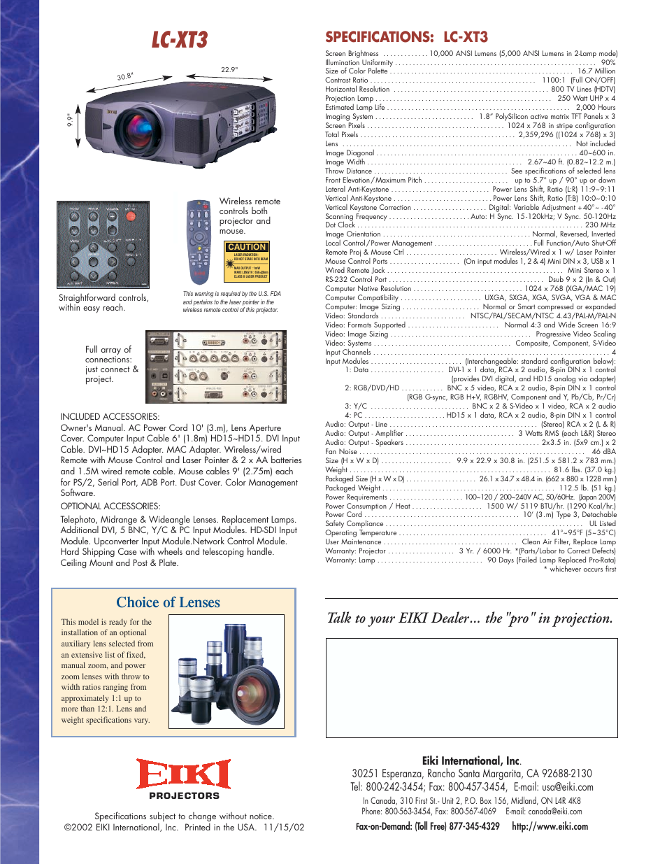 Lc-xt3, Choice of lenses, Specifications: lc-xt3 | Eiki LC-XT3 User Manual | Page 2 / 2