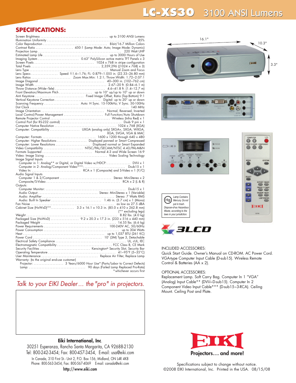 Lc-xs30, 3100 ansi lumens | Eiki LC-XS30 User Manual | Page 2 / 2
