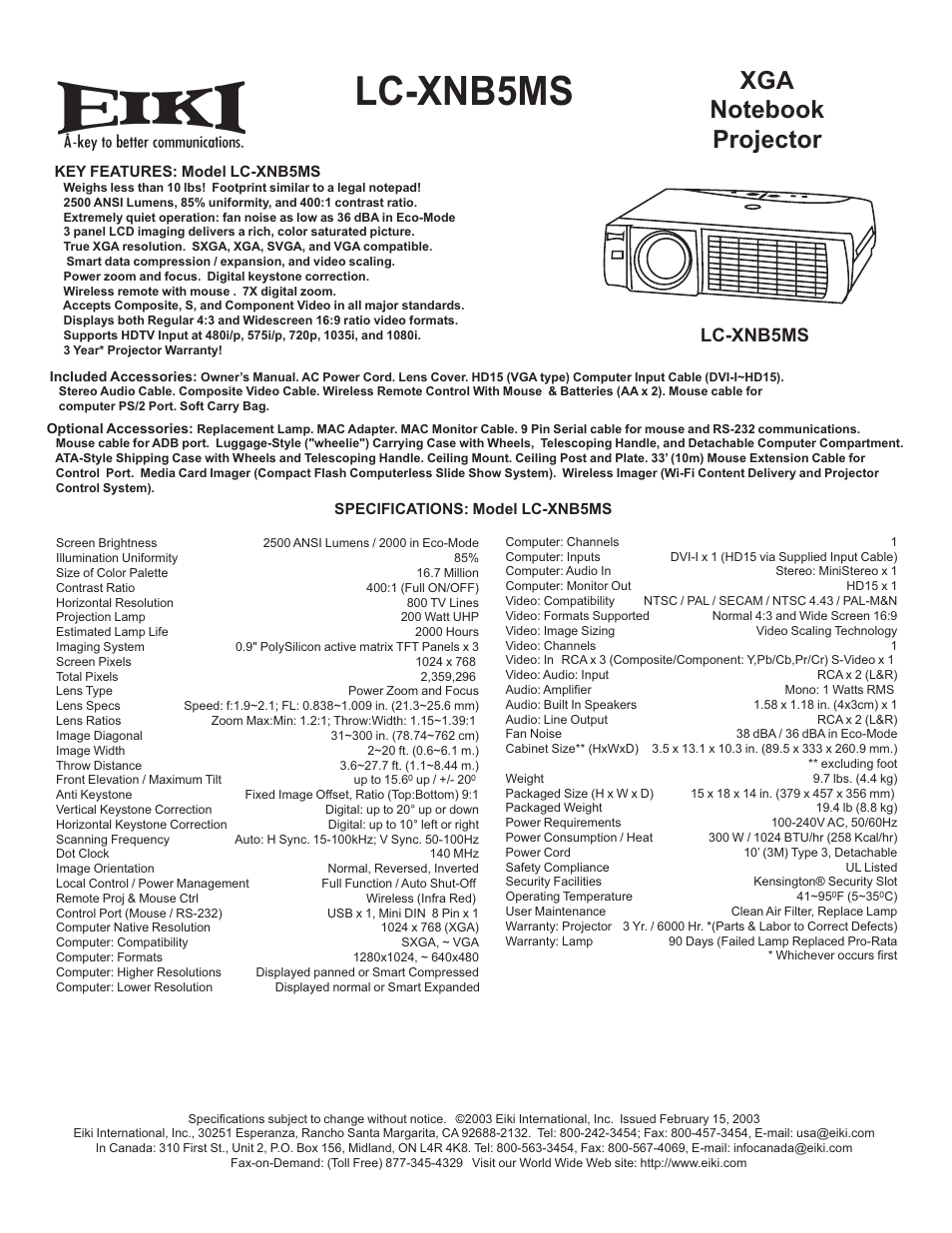 Eiki LC-XNB5MS User Manual | 1 page
