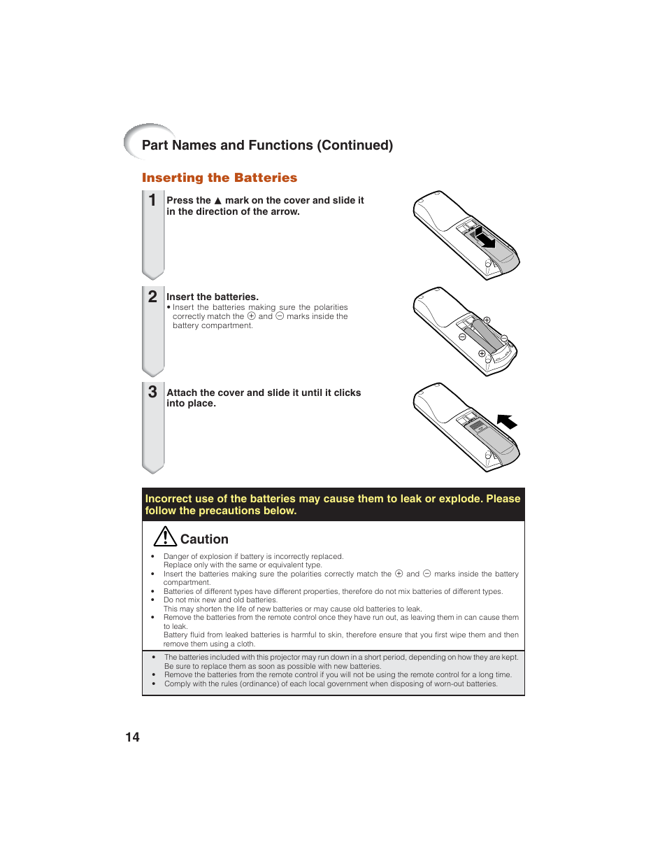 Part names and functions (continued), Caution, Inserting the batteries | Eiki EIP-1600T User Manual | Page 18 / 69