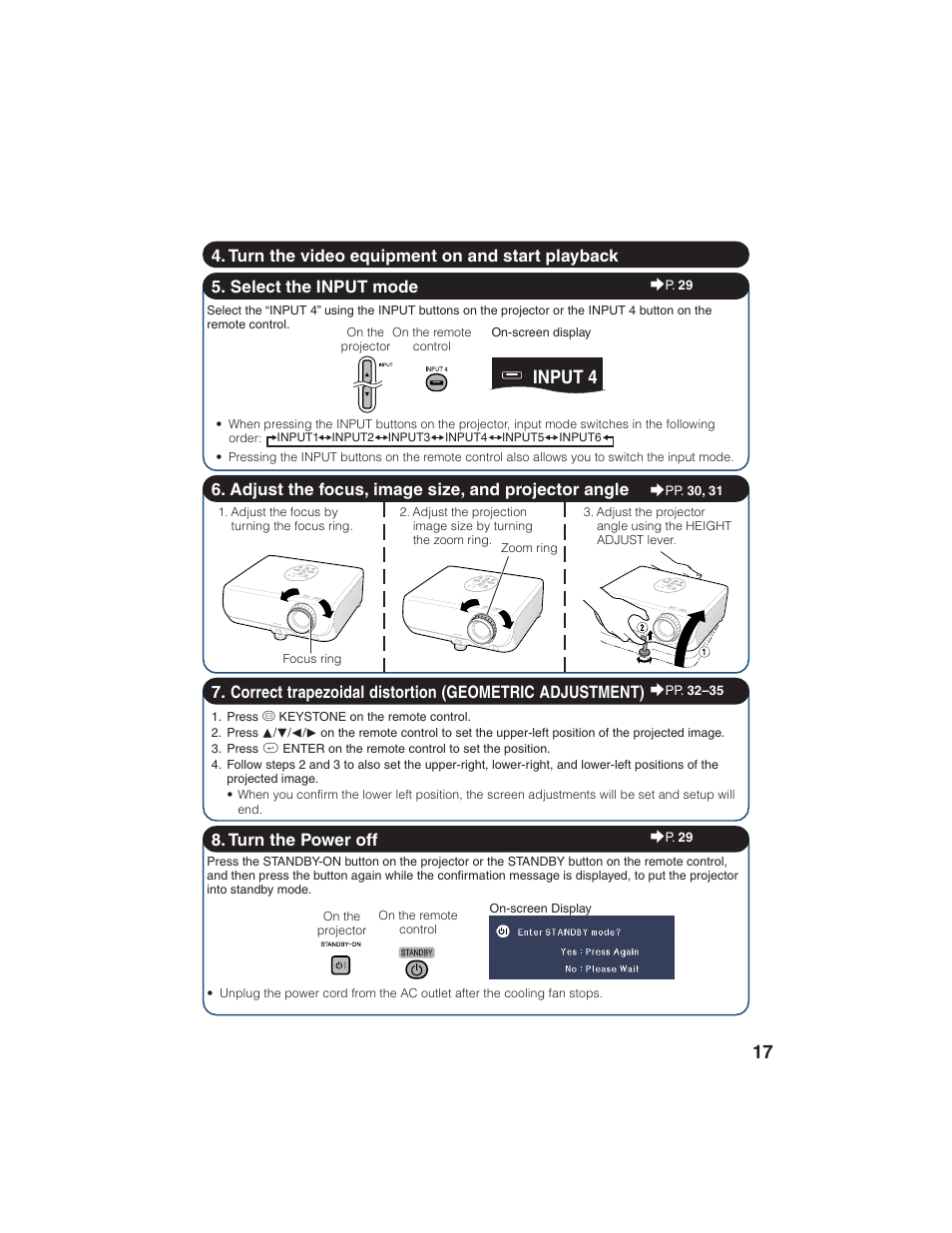 Input 4, Select the input mode, Adjust the focus, image size, and projector angle | Eiki EIP-1600T User Manual | Page 21 / 69
