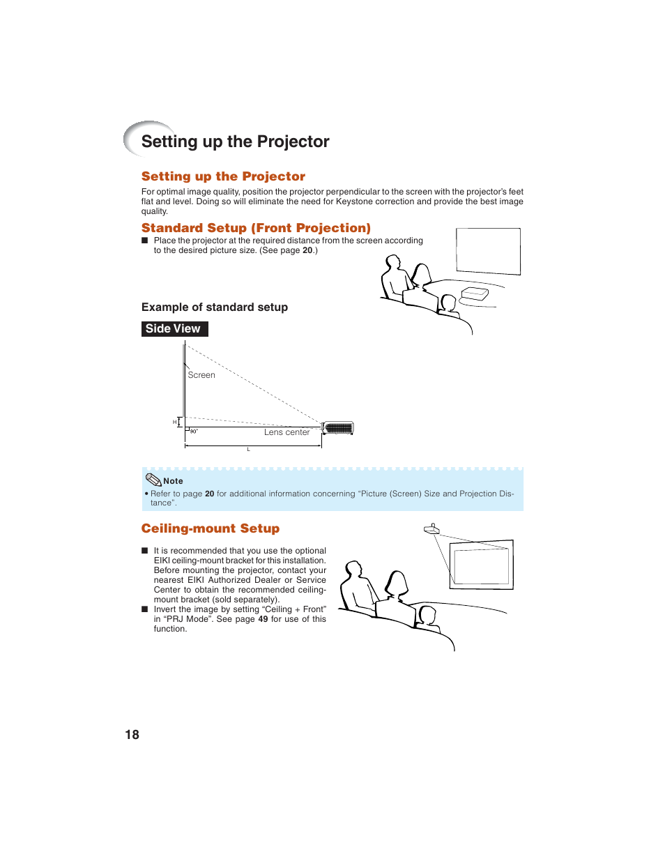 Setting up the projector, Ceiling-mount setup, Side view standard setup (front projection) | Eiki EIP-1600T User Manual | Page 22 / 69