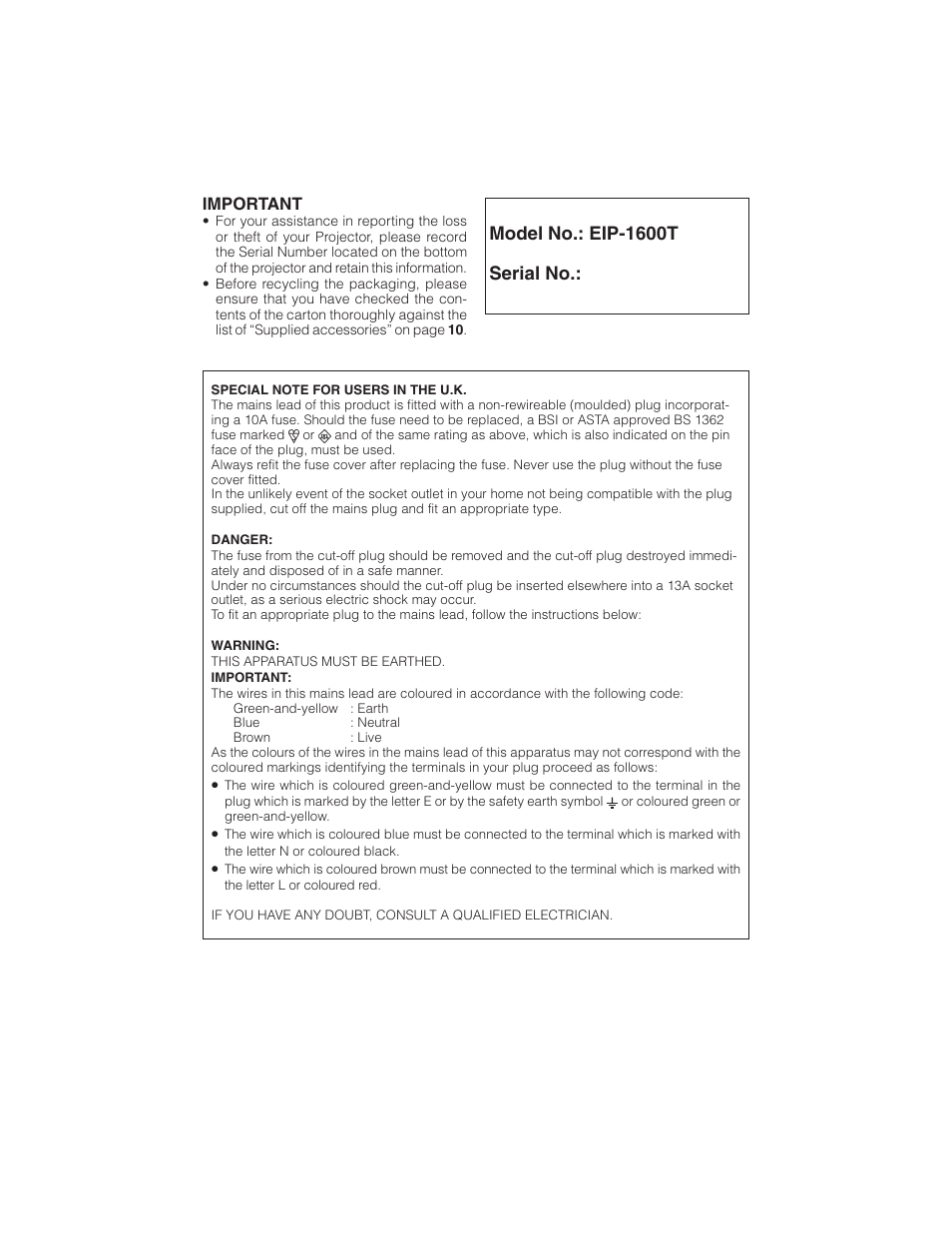 Model no.: eip-1600t serial no | Eiki EIP-1600T User Manual | Page 3 / 69
