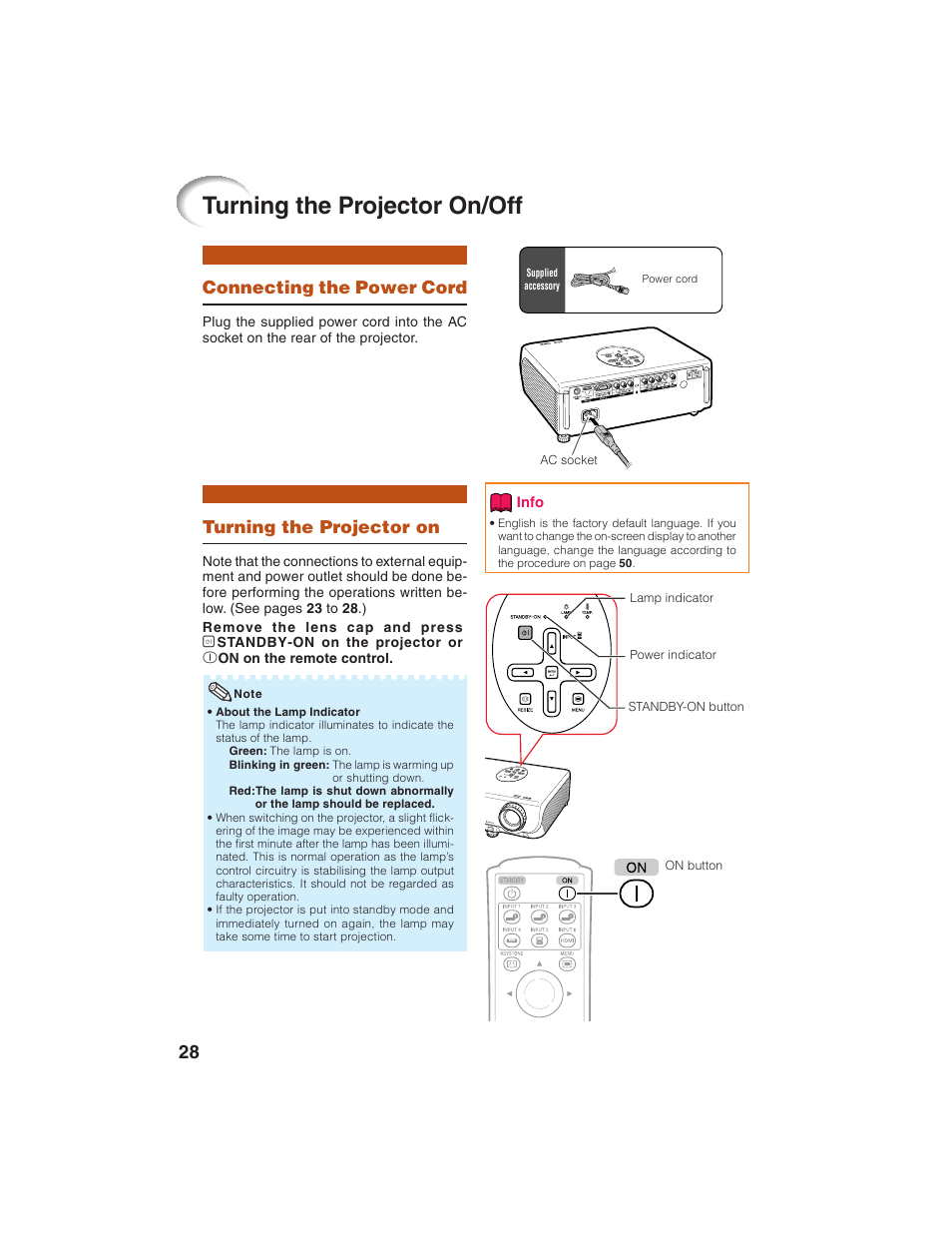 Turning the projector on/off, Turning the projector on, Connecting the power cord | Eiki EIP-1600T User Manual | Page 32 / 69