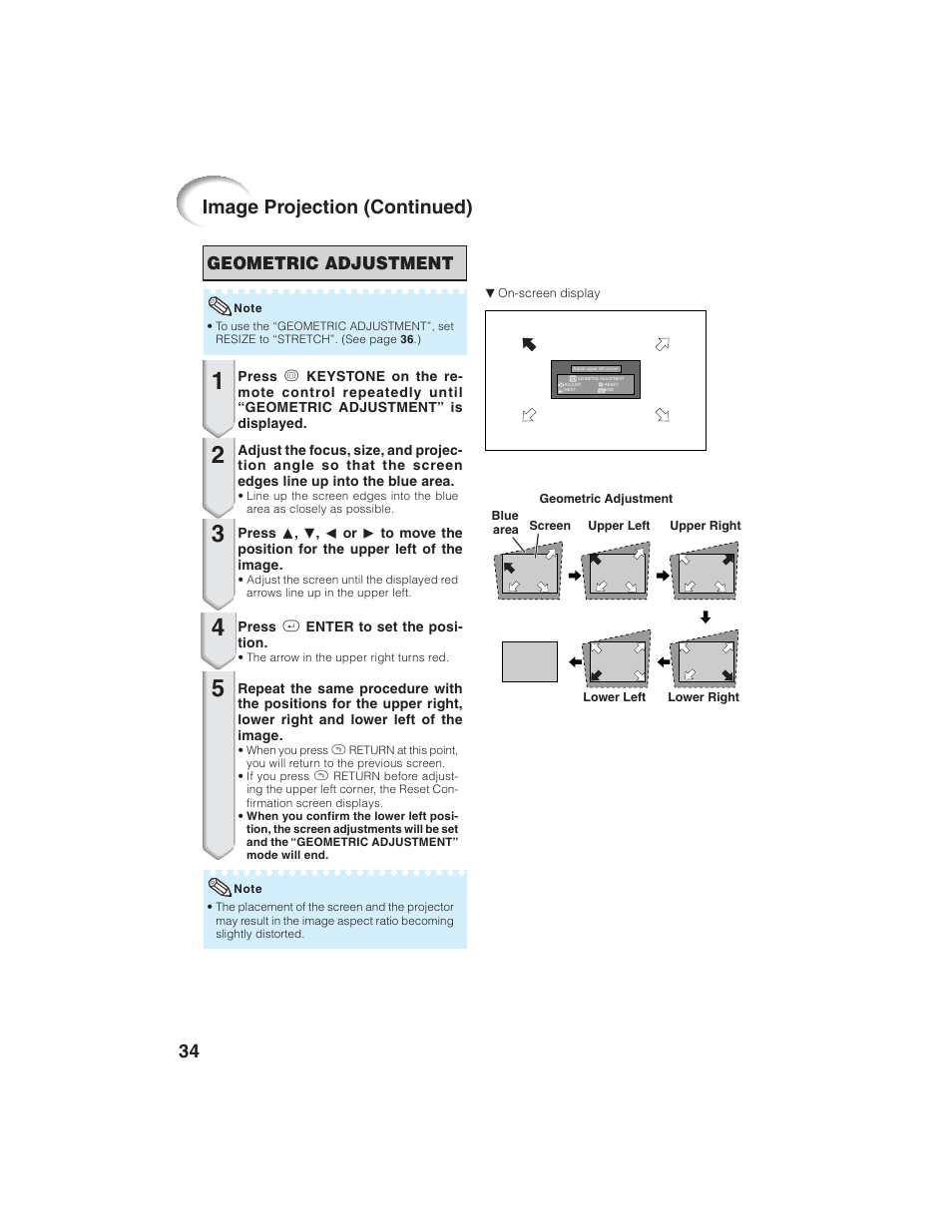 Image projection (continued), Geometric adjustment | Eiki EIP-1600T User Manual | Page 38 / 69
