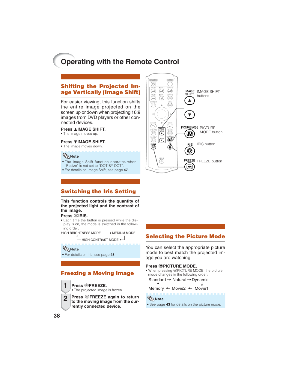 Operating with the remote control, Freezing a moving image, Switching the iris setting | Selecting the picture mode | Eiki EIP-1600T User Manual | Page 42 / 69