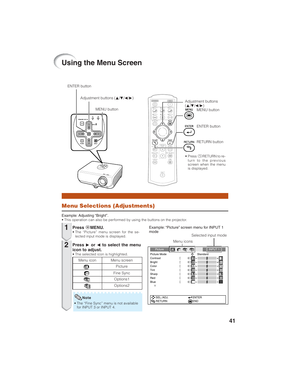 Using the menu screen, Menu selections (adjustments) | Eiki EIP-1600T User Manual | Page 45 / 69