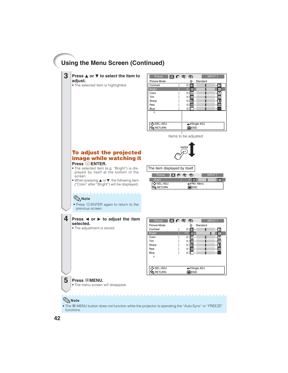 Using the menu screen (continued) | Eiki EIP-1600T User Manual | Page 46 / 69
