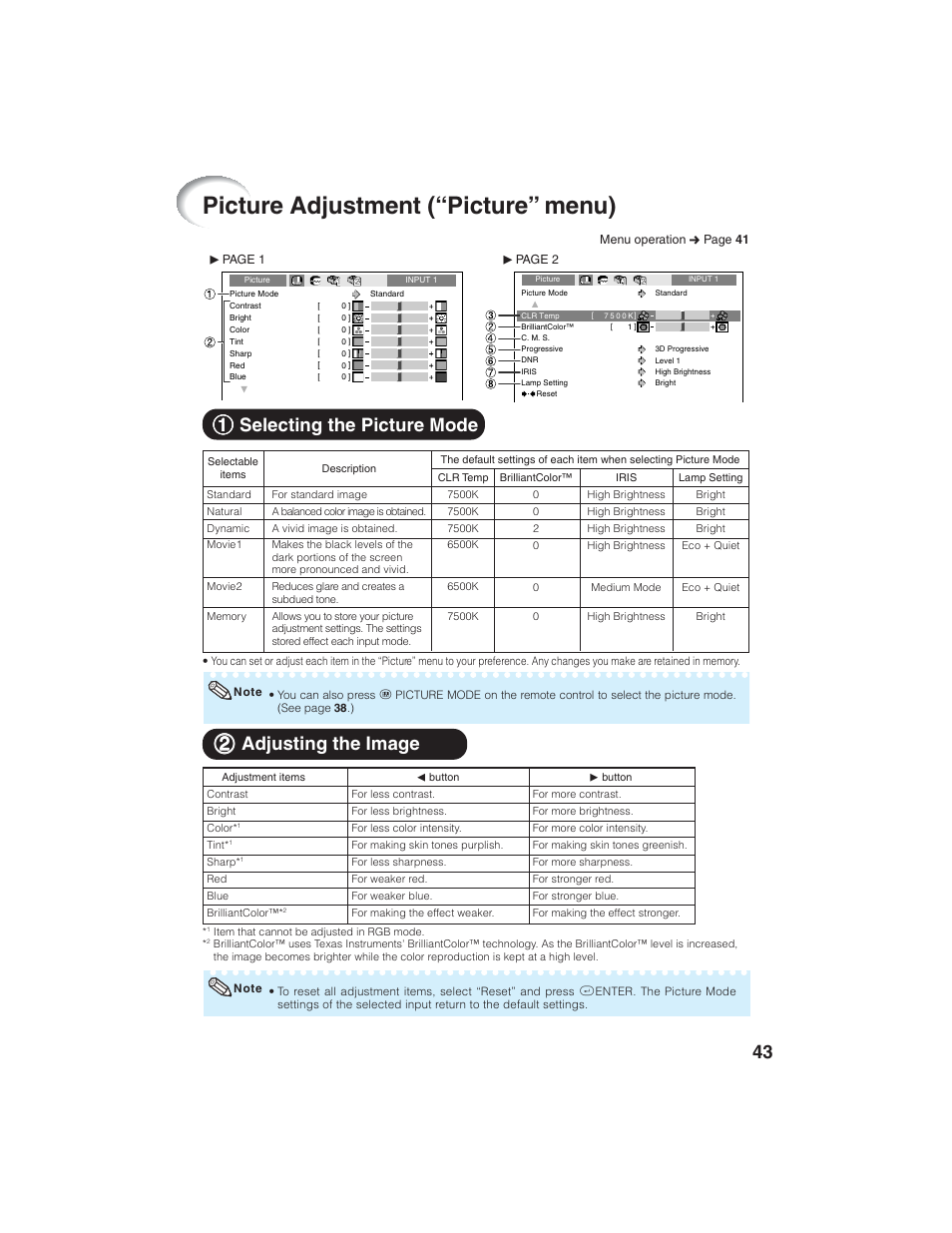 Picture adjustment (“picture” menu), 11 selecting the picture mode, 22 adjusting the image | Eiki EIP-1600T User Manual | Page 47 / 69