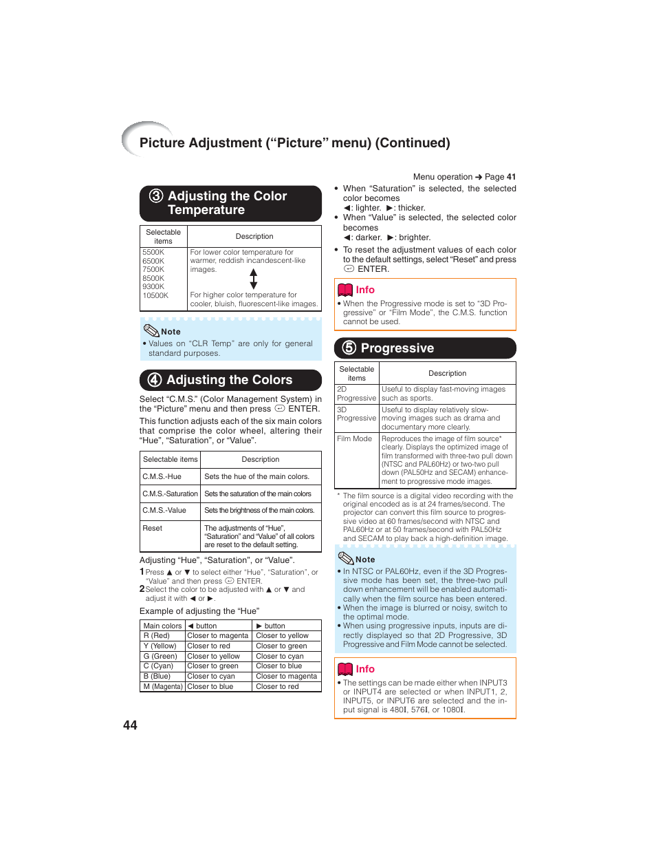 Picture adjustment (“picture” menu) (continued), 33 adjusting the color temperature, 44 adjusting the colors | 55 progressive | Eiki EIP-1600T User Manual | Page 48 / 69