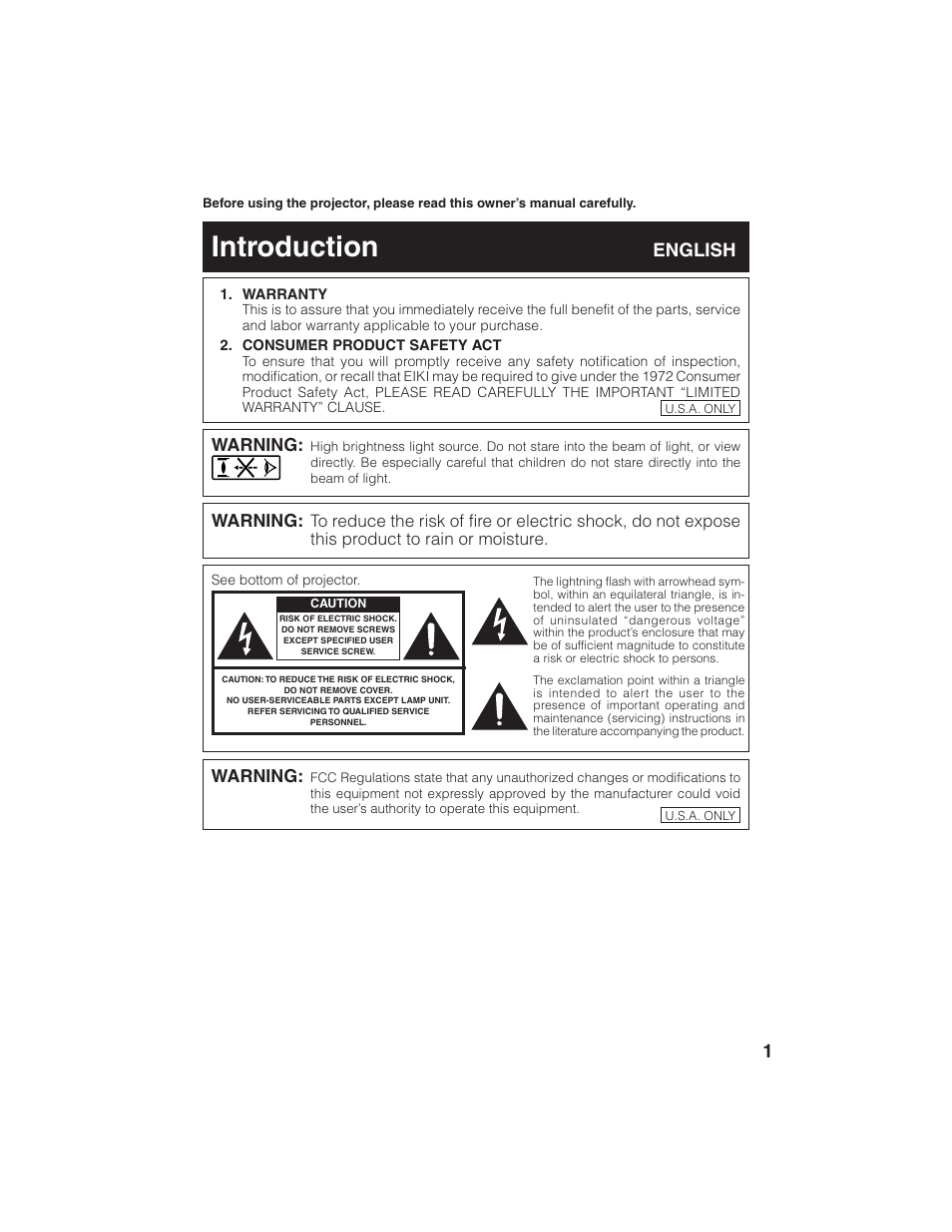 Introduction, English, Warning | Eiki EIP-1600T User Manual | Page 5 / 69