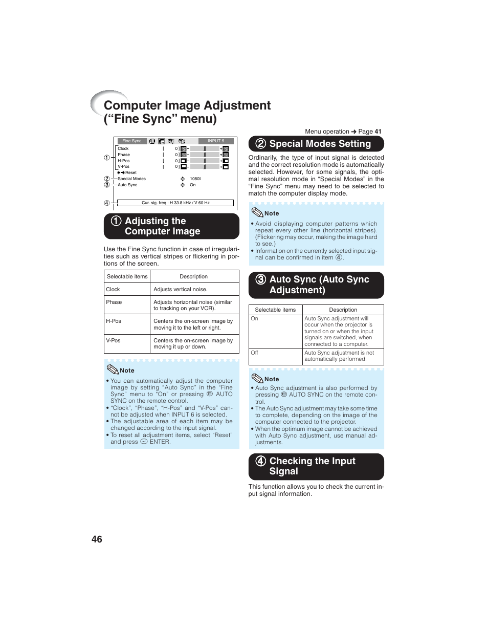 Computer image adjustment (“fine sync” menu), 11 adjusting the computer image, 22 special modes setting | 44 checking the input signal | Eiki EIP-1600T User Manual | Page 50 / 69