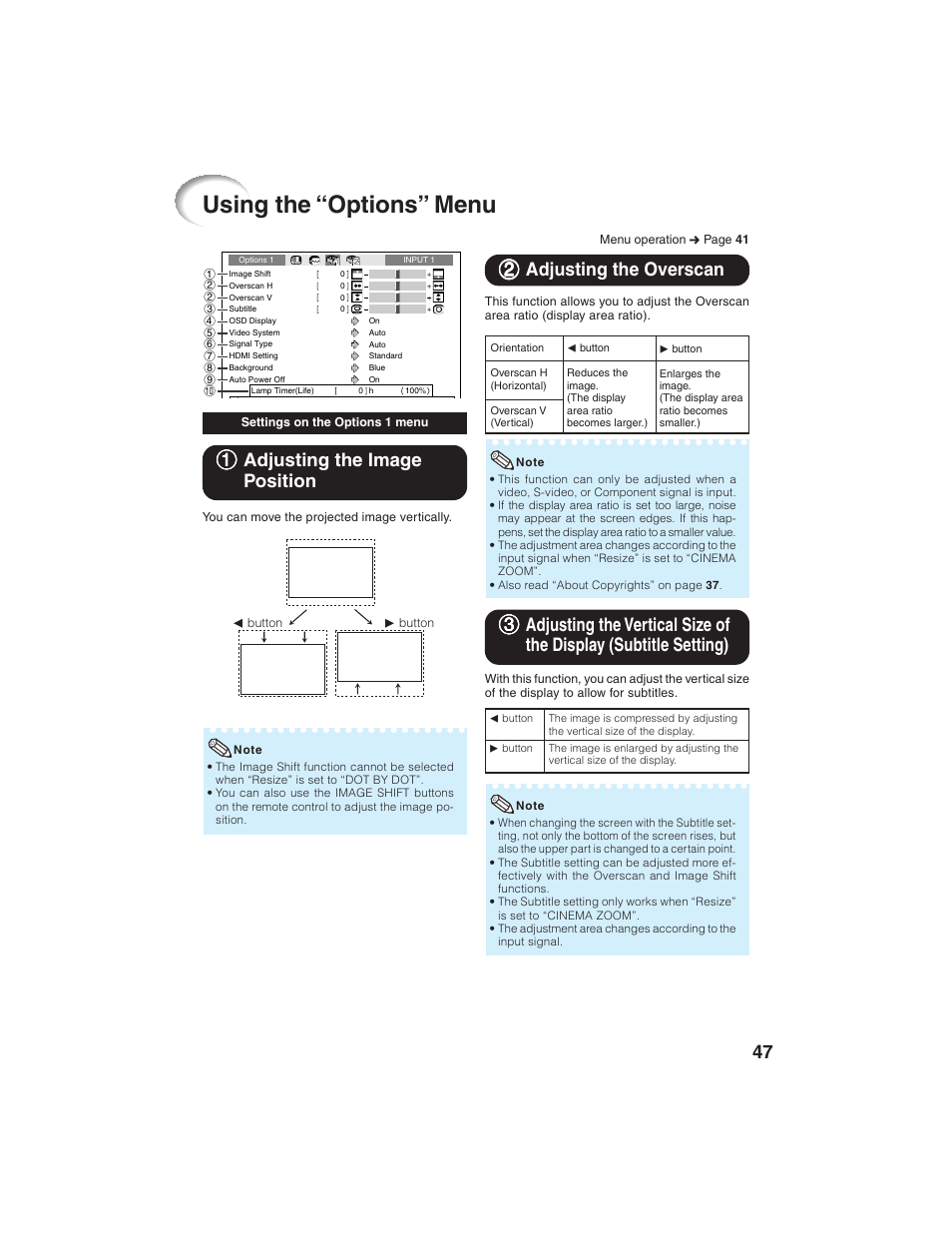 Using the “options” menu, 11 adjusting the image position, 22 adjusting the overscan | Eiki EIP-1600T User Manual | Page 51 / 69