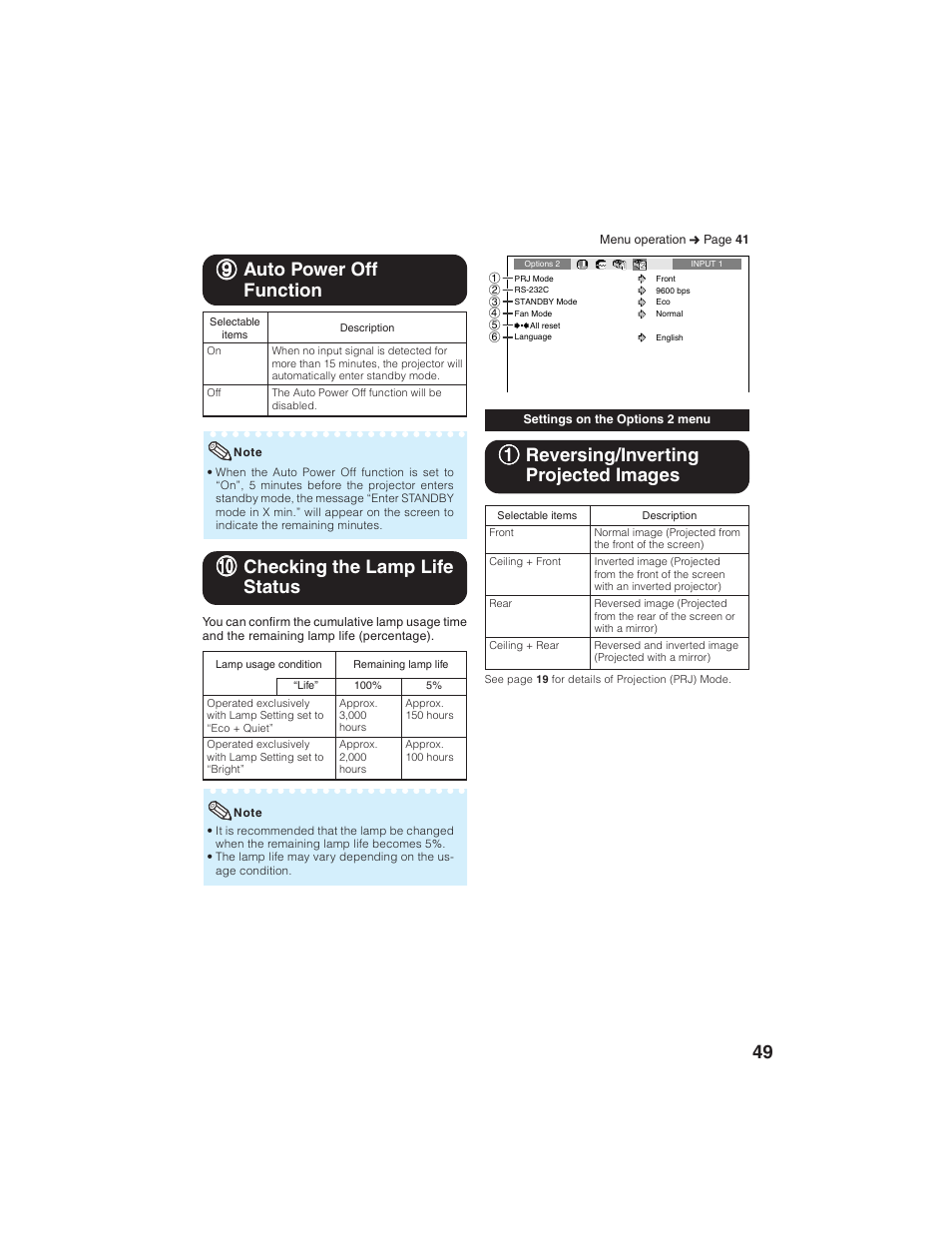 11 reversing/inverting projected images, 99 auto power off function, 00 checking the lamp life status | Eiki EIP-1600T User Manual | Page 53 / 69
