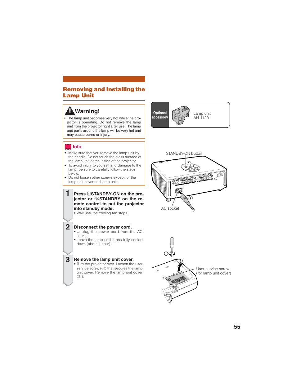 Warning, Removing and installing the lamp unit | Eiki EIP-1600T User Manual | Page 59 / 69