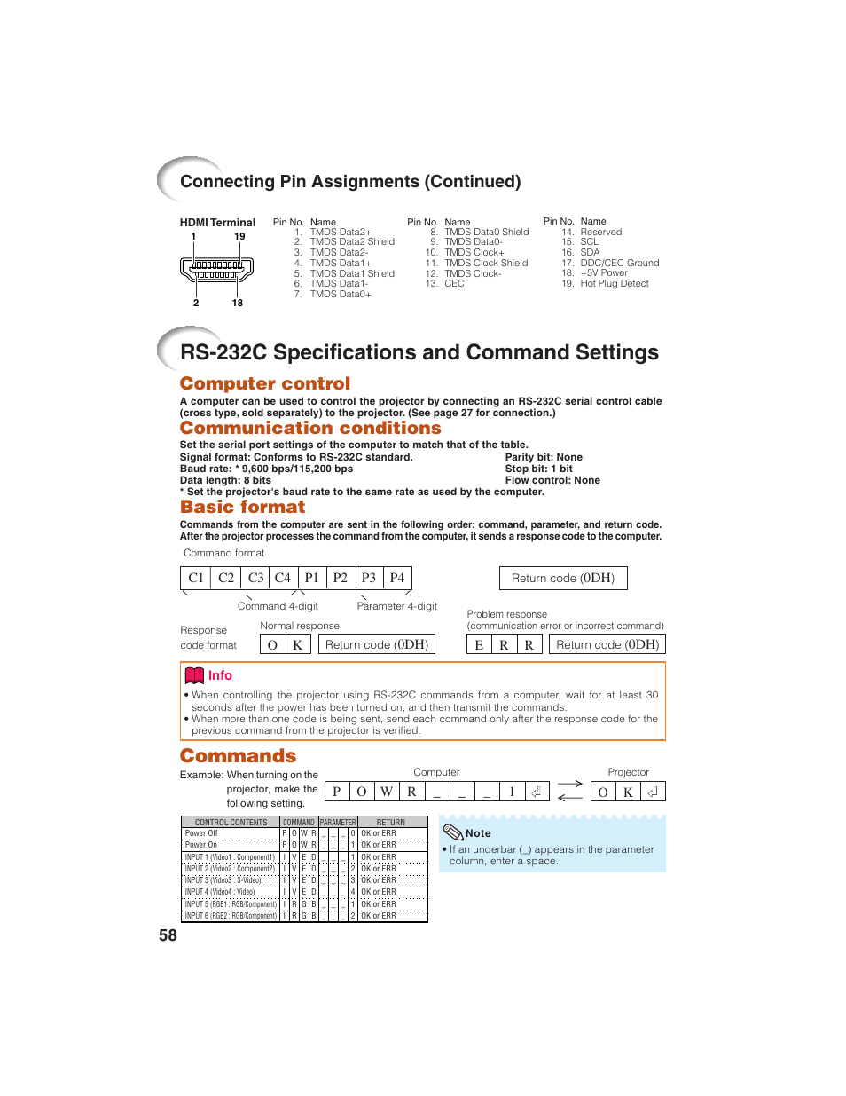 Rs-232c specifications and command settings, Commands, Computer control | Communication conditions, Basic format, Connecting pin assignments (continued), Po w r _ 1 _ _ o k, Er r | Eiki EIP-1600T User Manual | Page 62 / 69