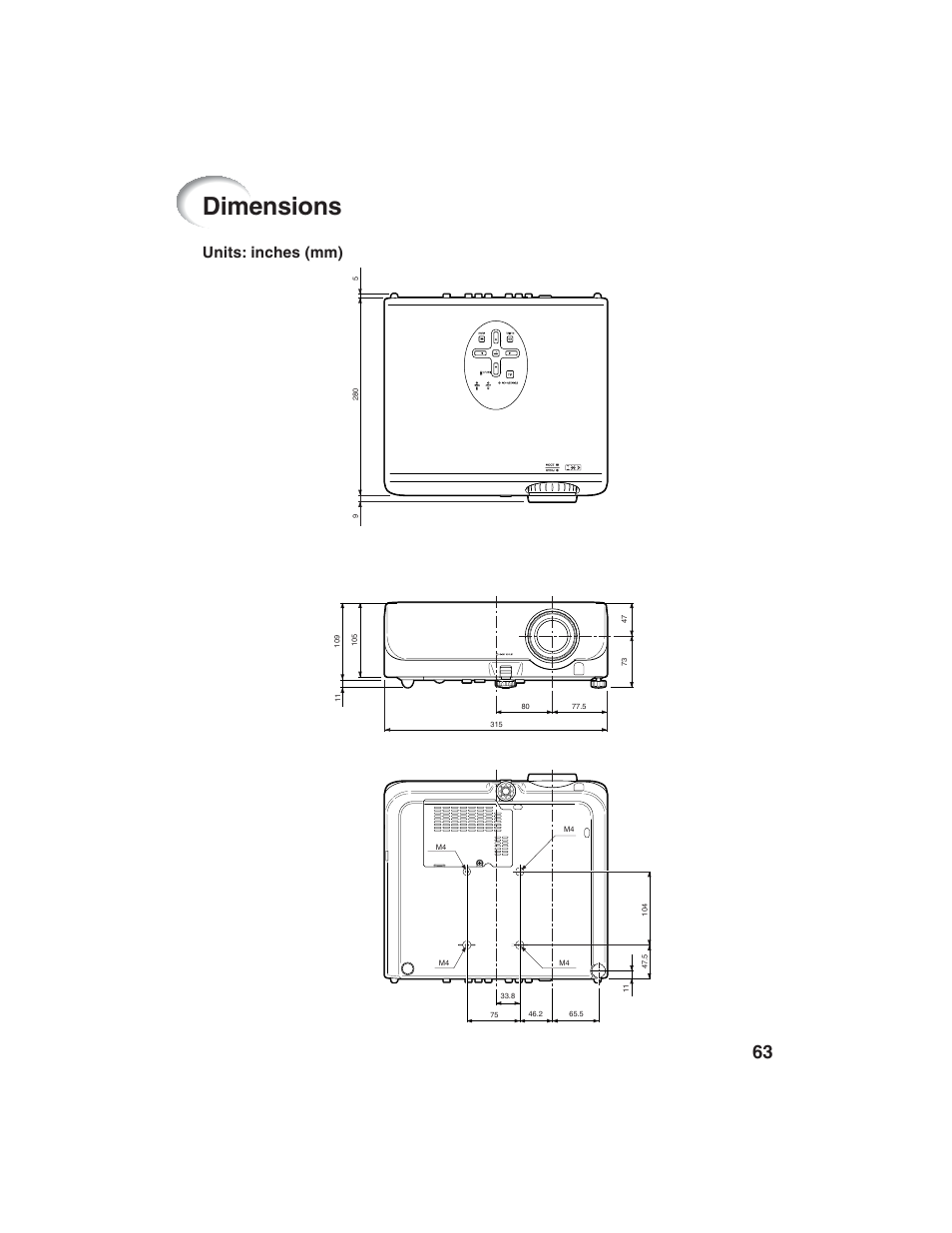 Dimensions, Units: inches (mm) | Eiki EIP-1600T User Manual | Page 67 / 69