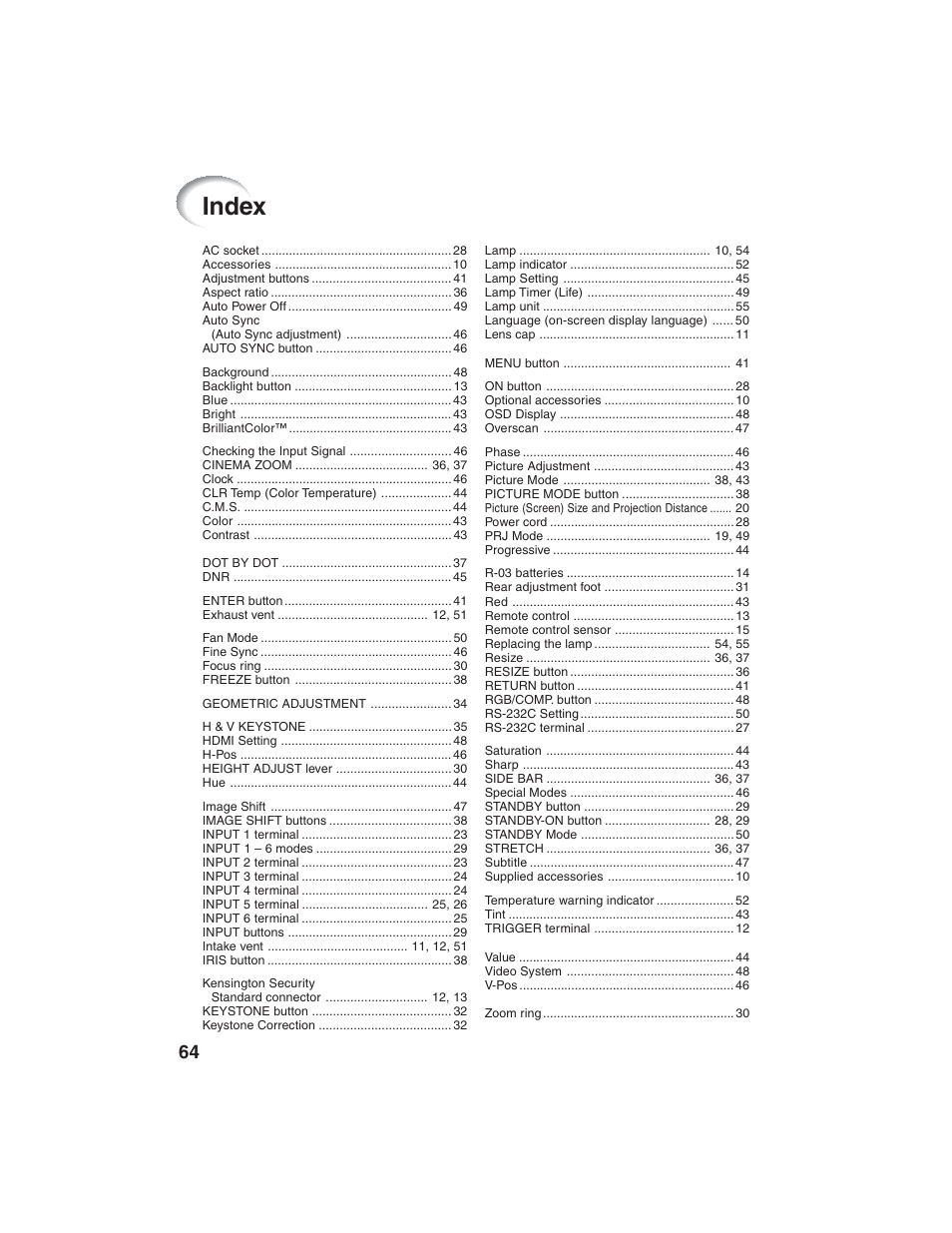 Index | Eiki EIP-1600T User Manual | Page 68 / 69