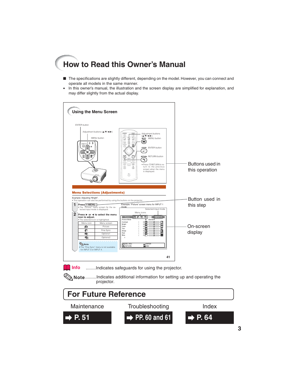 How to read this owner’s manual, For future reference, Index maintenance troubleshooting | Using the menu screen | Eiki EIP-1600T User Manual | Page 7 / 69