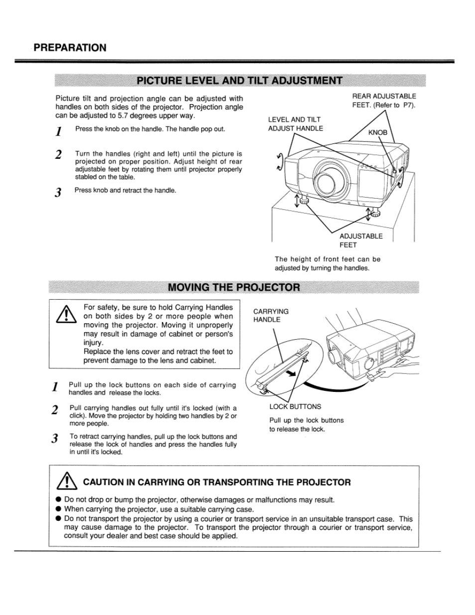 Picture level and tilt adjustment, Moving the projector, Lc-xt1 | Eiki LC-XT1 User Manual | Page 10 / 51