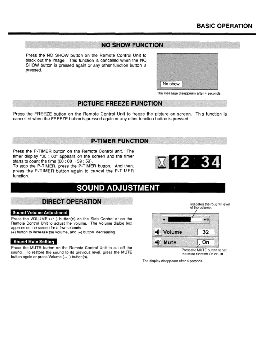 Keystone adjustment, No show function, Picture freeze function | P-timer function, Sound adjustment, Direct operation, Lc-xt1 | Eiki LC-XT1 User Manual | Page 25 / 51