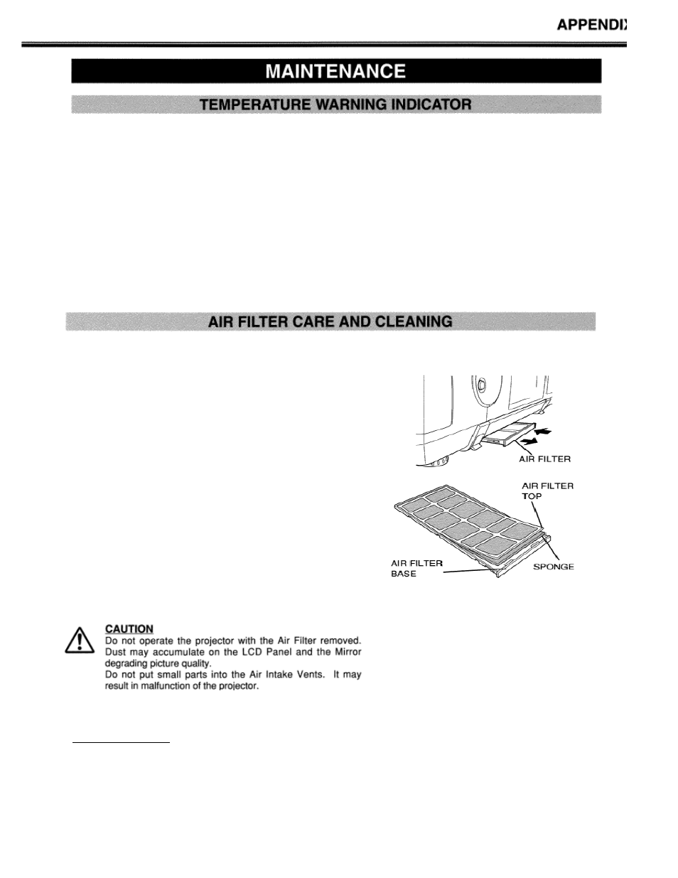 Maintenance, Temperature warning indicator, Air filter care and cleaning | Lc-xt1 | Eiki LC-XT1 User Manual | Page 43 / 51