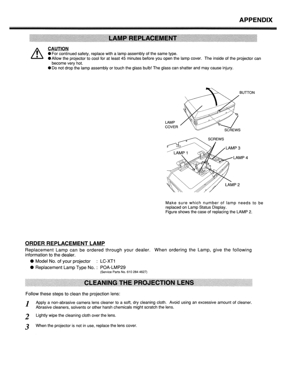 Lamp replacement, Cleaning the projection lens, Lc-xt1 | Eiki LC-XT1 User Manual | Page 45 / 51