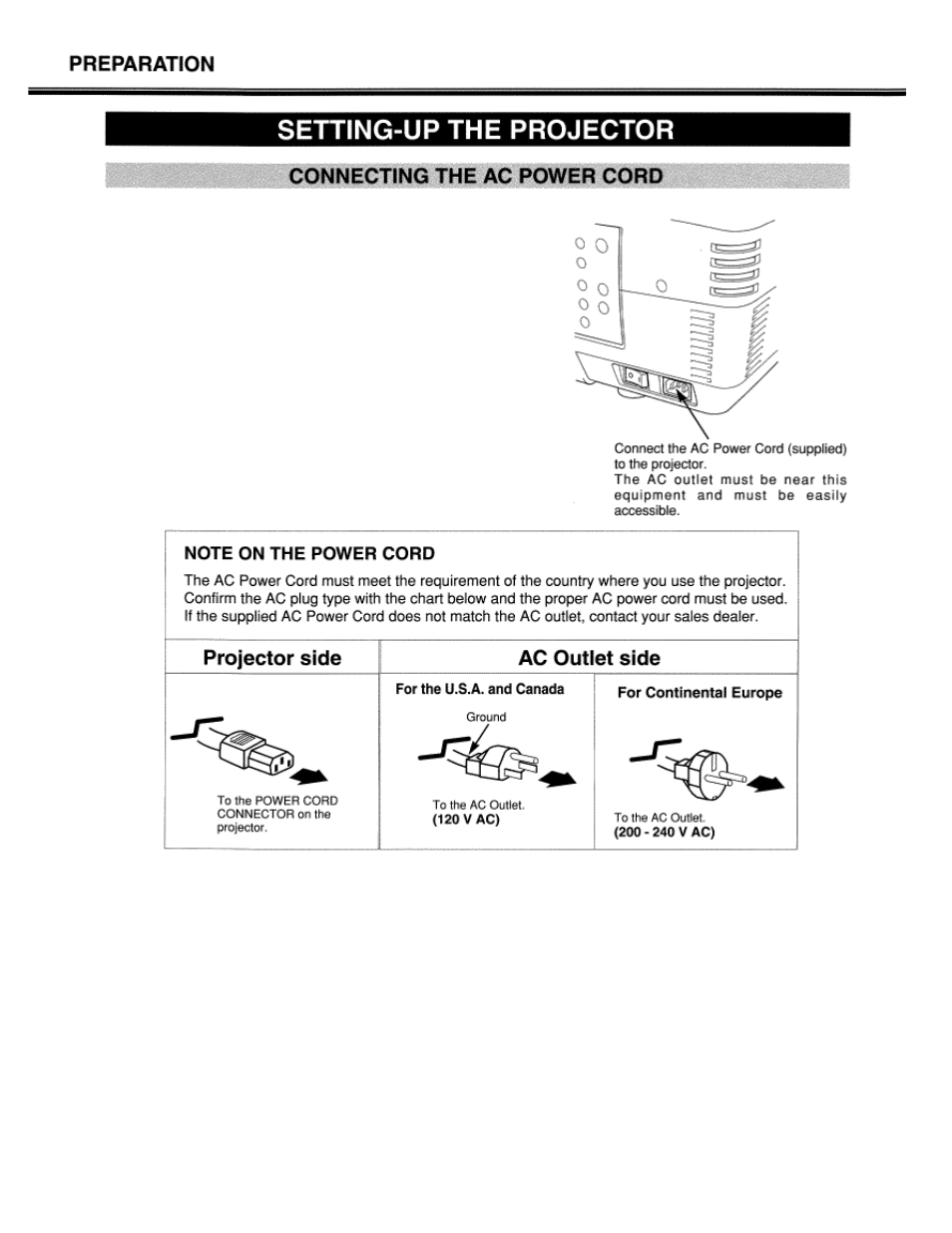 Setting-up the projector, Connecting the ac power cord, Lc-xt1 | Eiki LC-XT1 User Manual | Page 8 / 51