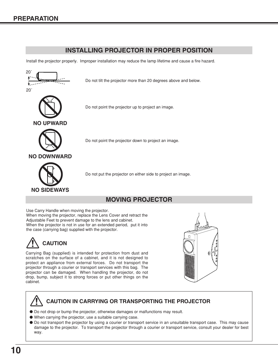 Preparation, Moving projector, Installing projector in proper position | Eiki LC-XB10 User Manual | Page 10 / 48