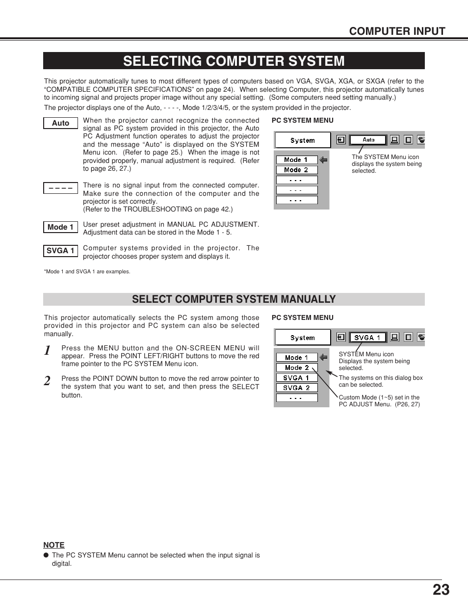 Selecting computer system, Computer input, Select computer system manually | Eiki LC-XB10 User Manual | Page 23 / 48