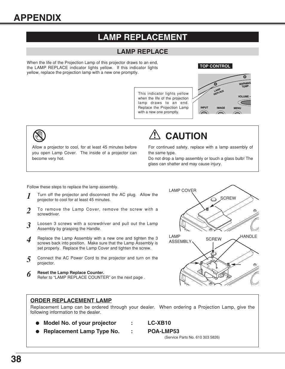 38 appendix, Caution, Lamp replacement | Lamp replace | Eiki LC-XB10 User Manual | Page 38 / 48