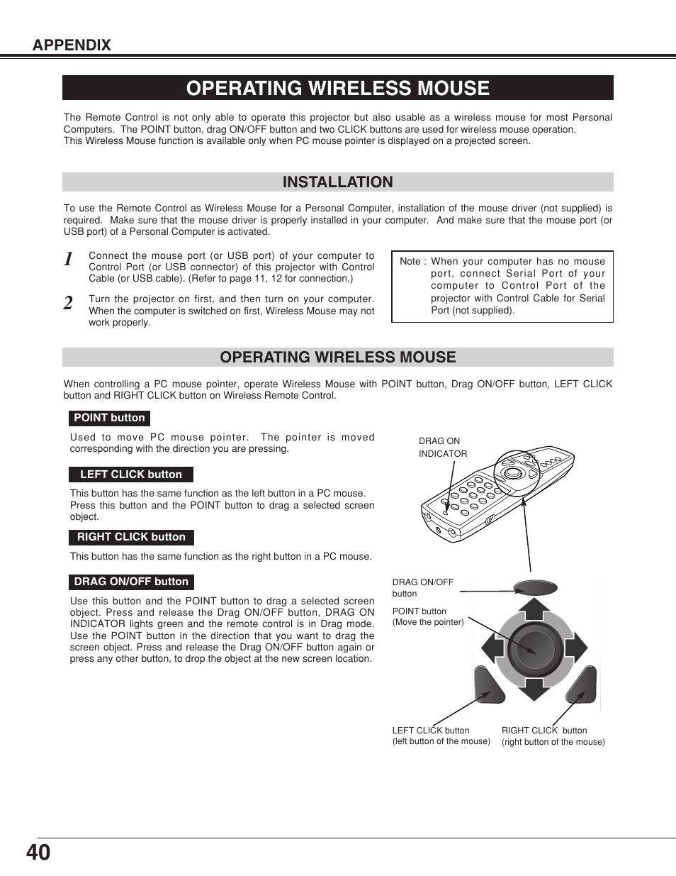 Operating wireless mouse, Appendix, Installation | Eiki LC-XB10 User Manual | Page 40 / 48