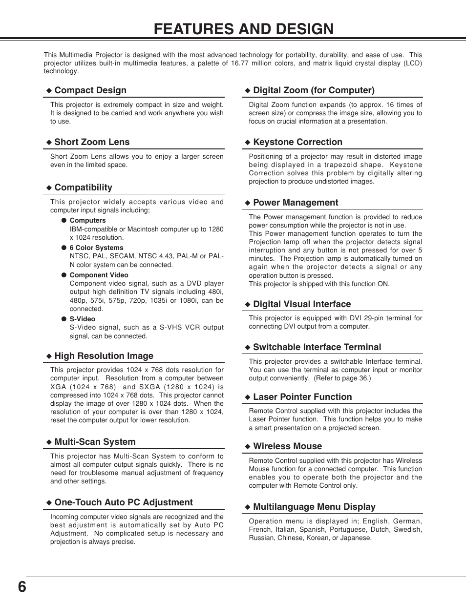 6features and design | Eiki LC-XB10 User Manual | Page 6 / 48